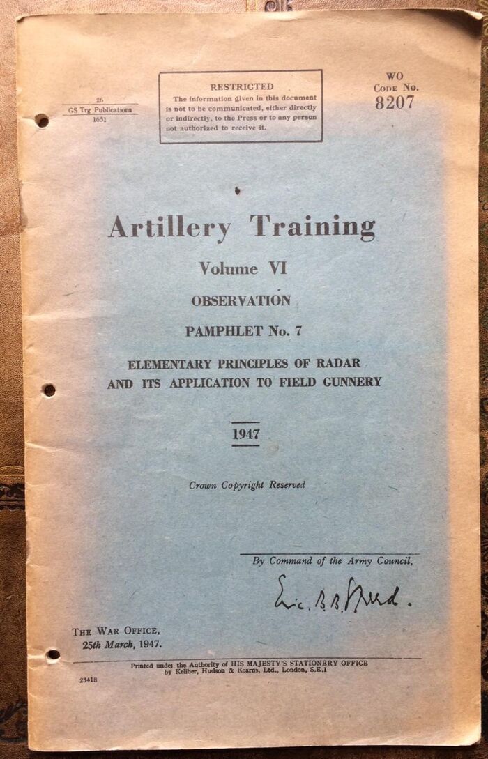 ARTILLERY TRAINING Vol VI Observation Pamphlet No.7 Elimentary Principles of Radar and its application to Field Gunnery Image