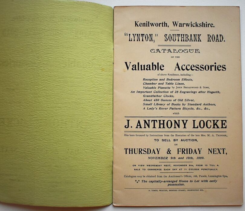 Lynton, Southbank Road, Kenilworth Sale Of Contents 1899 Image