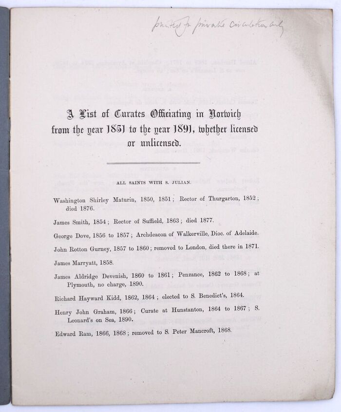 A List Of Curates Officiating In Norwich From The Year 1851 To The Year 1891, Whether Licensed Or Unlicensed Image