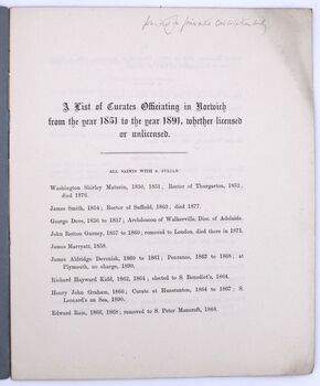 A List Of Curates Officiating In Norwich From The Year 1851 To The Year 1891, Whether Licensed Or Unlicensed
