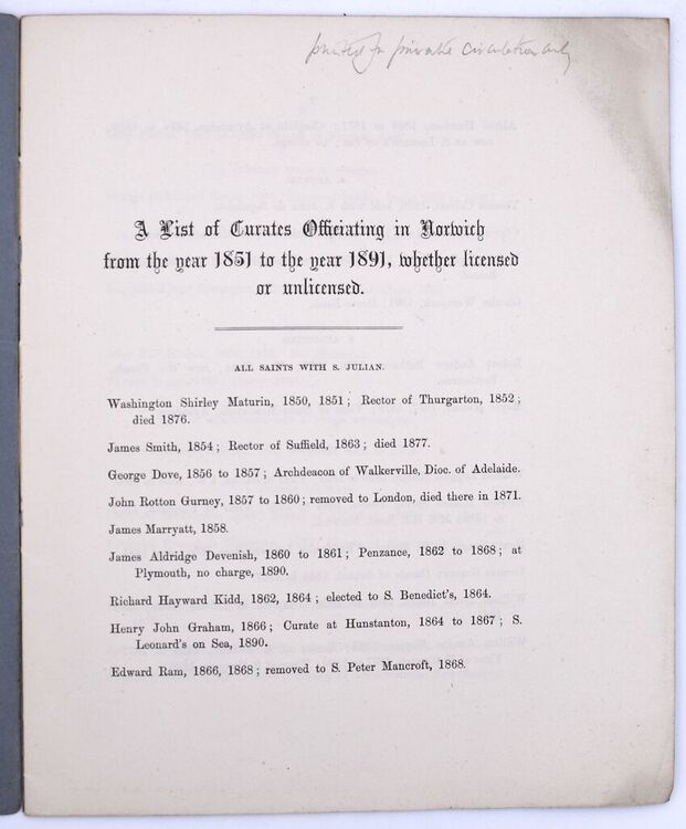 A List Of Curates Officiating In Norwich From The Year 1851 To The Year 1891, Whether Licensed Or Unlicensed
